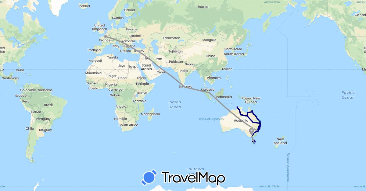 TravelMap itinerary: driving, plane, boat in United Arab Emirates, Australia, France, Sri Lanka, Singapore, Turkey (Asia, Europe, Oceania)